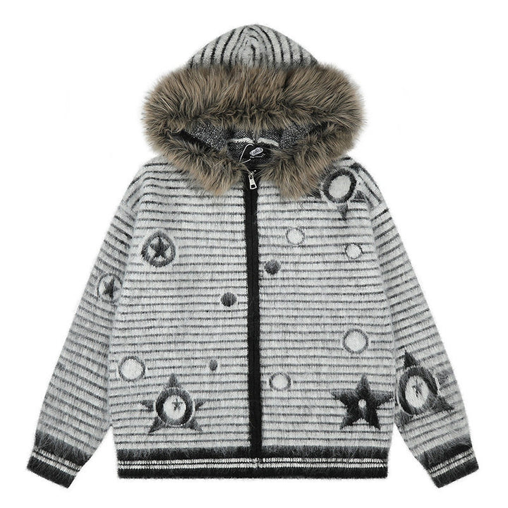 Women's Hooded Cardigan with Fur Trim, Striped Mohair Look and Star Appliqués Amarae