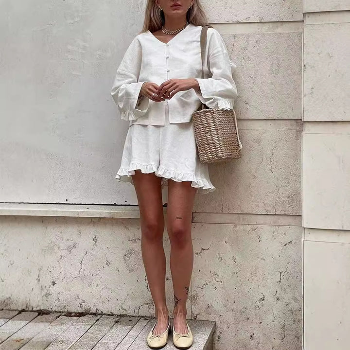 Light linen set for women with ruffle details Lune London