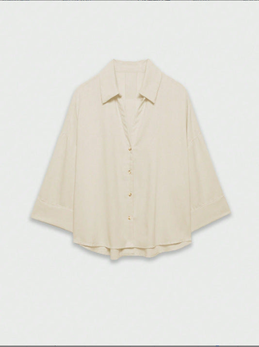 Women's Lightweight Oversized Linen Look Blouse with Three-Quarter Sleeves and Full Button Placket Amarae