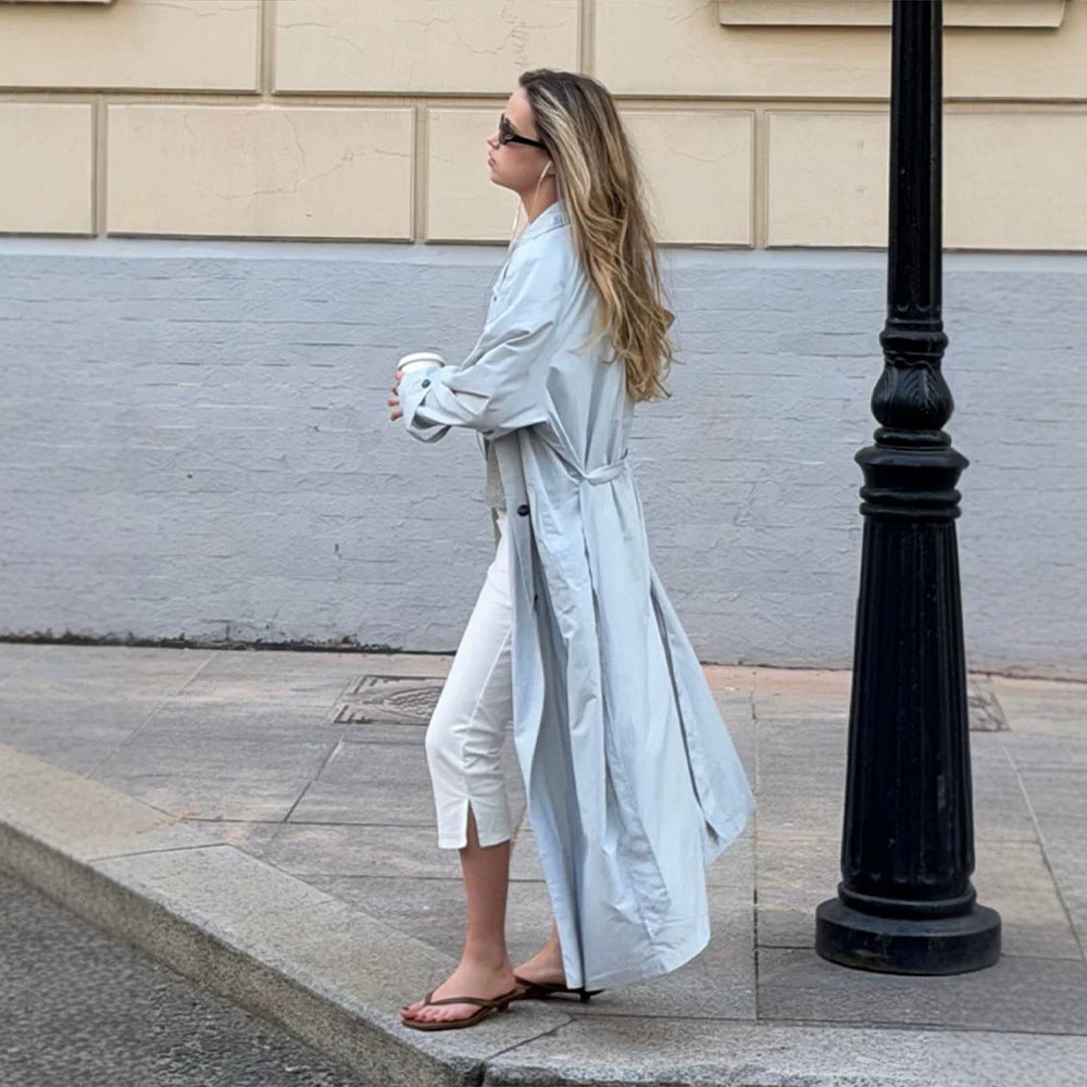 Women's Lightweight Long Trench Coat Made from Technical Material with Concealed Button Placket and Loose Fit Amarae