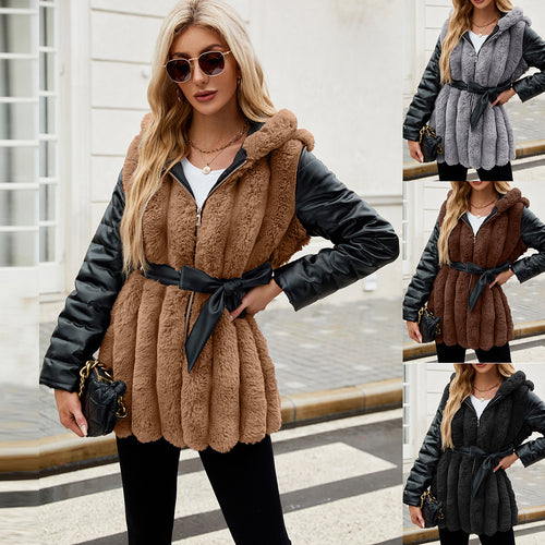 Reversible women's jacket with hood and faux fur belt Amarae