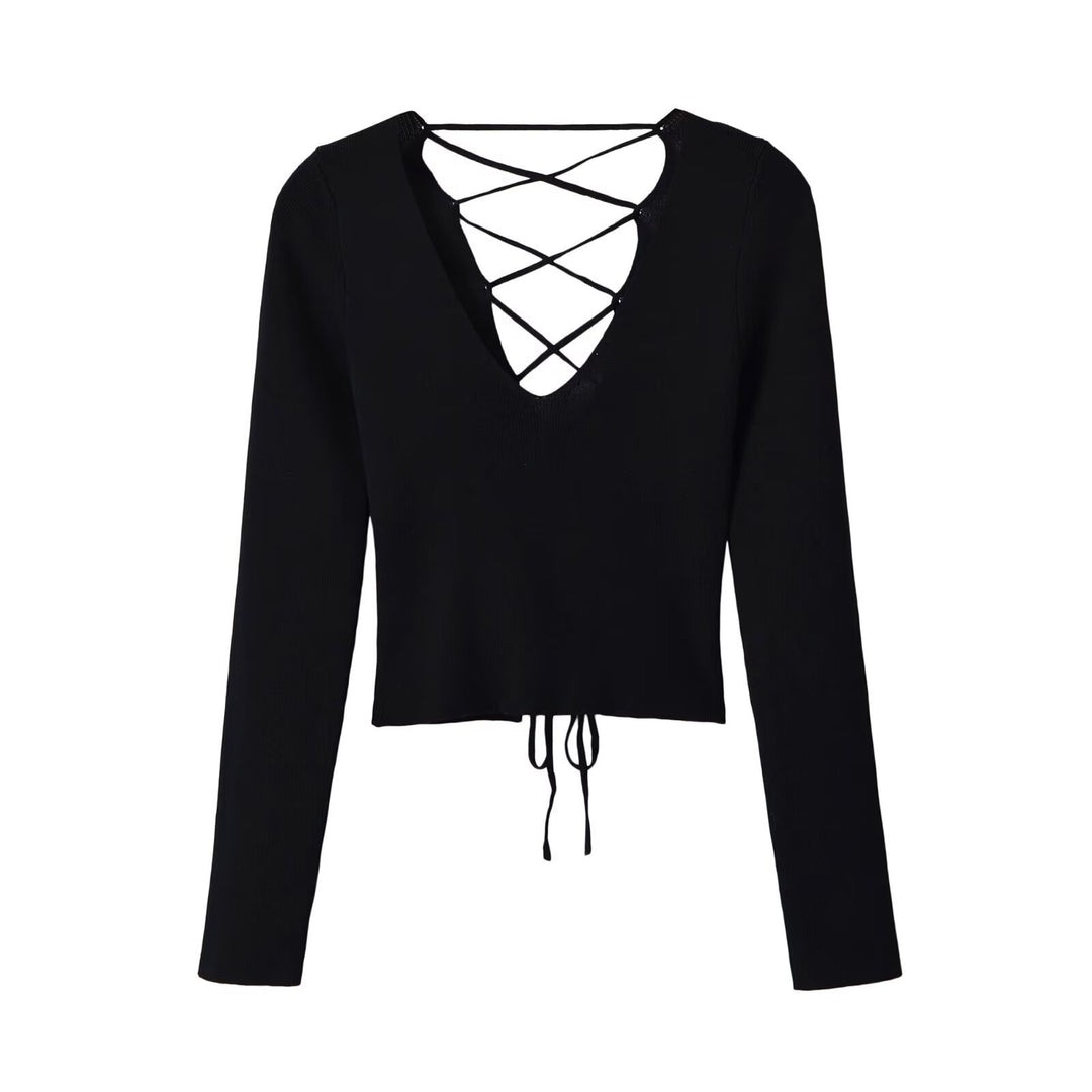 Women's Cropped Fine Knit Top with Deep V-Neck, Decorative Lacing Front and Drawstring Hem