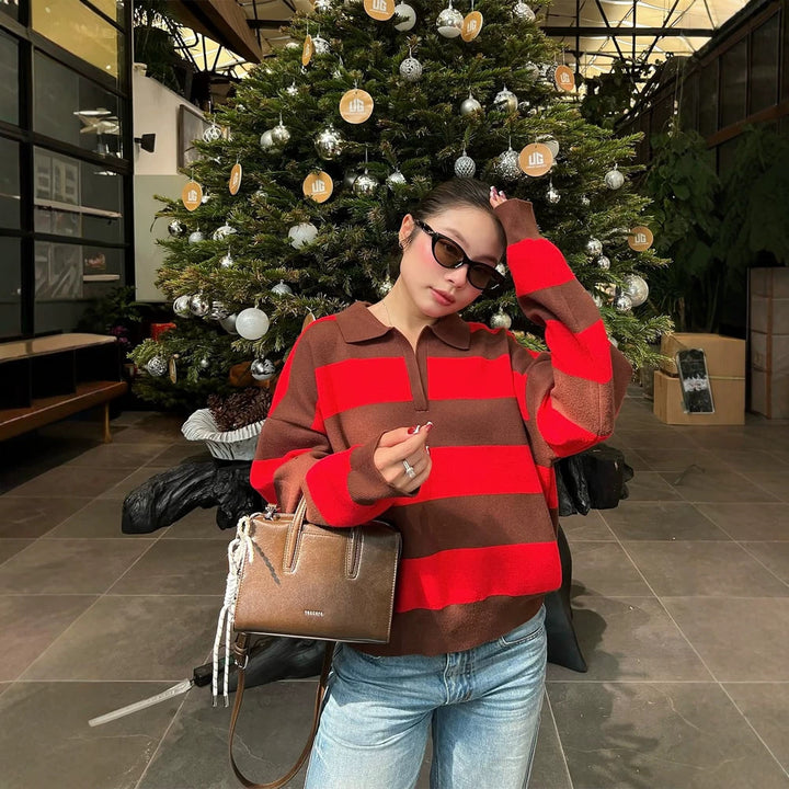 Women Oversize Rugby Knitted Sweater with Polo Collar & Wide Block Stripes Amarae