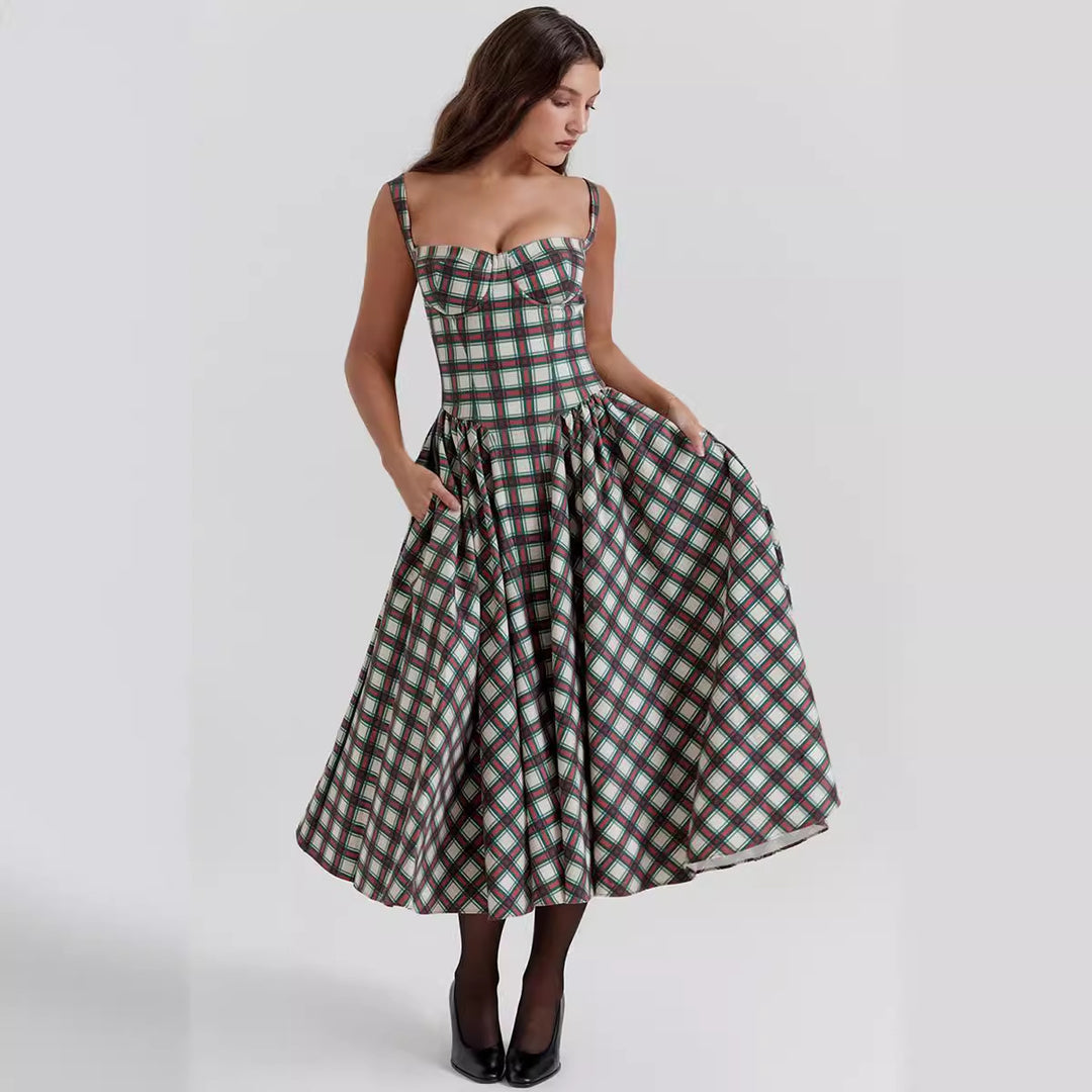 Women's midi dress in check pattern with textured bodice and voluminous skirt Lune London
