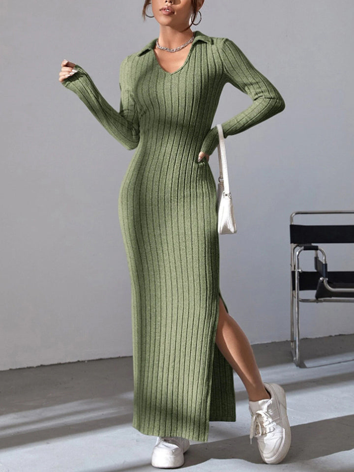Knit dress for women with deep V-neck and side slit Lune London