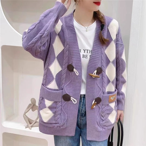 Thick knit cardigan for women with romantic diamond pattern and decorative wooden buttons Amarae