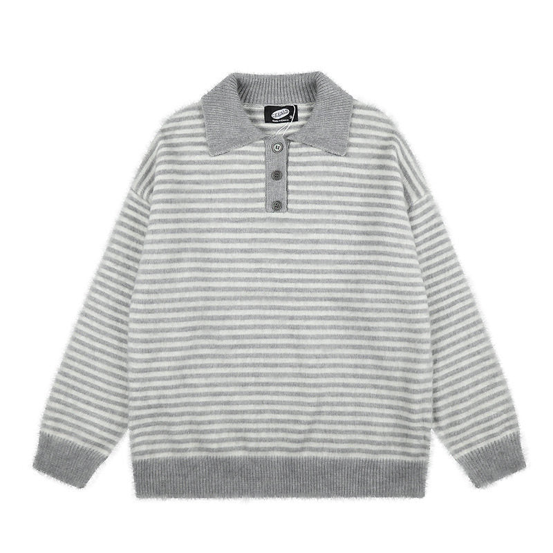 Women's Fluffy Knit Polo with Stripes, Contrasting Collar and Button Placket Amarae