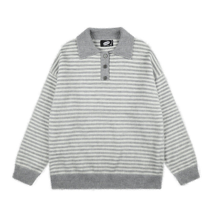 Women's Fluffy Knit Polo with Stripes, Contrasting Collar and Button Placket Amarae