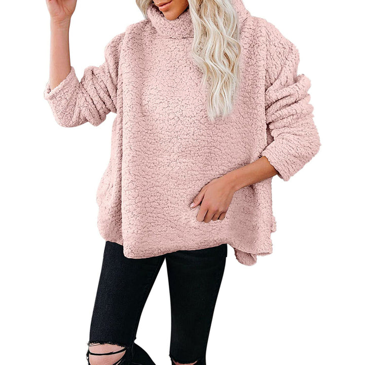 Women's Cozy Oversized Teddy Sweater with Stand-Up Collar and Curved Hem Amarae
