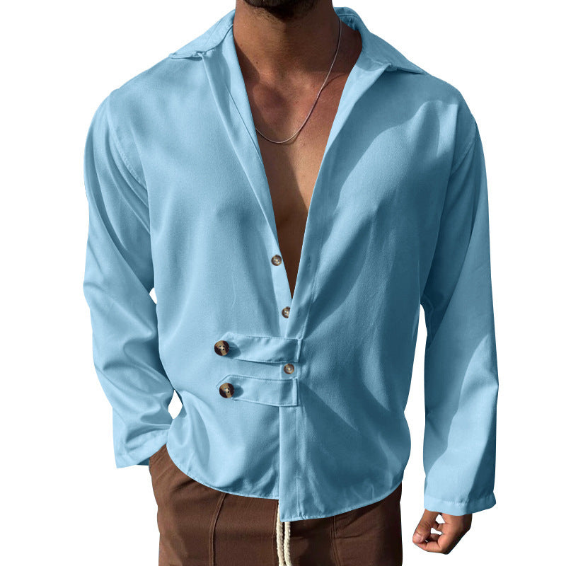 Men's elegant long sleeve blouse with shawl collar and button details Amarae