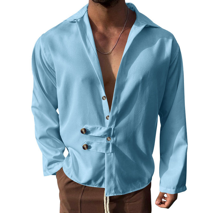 Men's elegant long sleeve blouse with shawl collar and button details Amarae