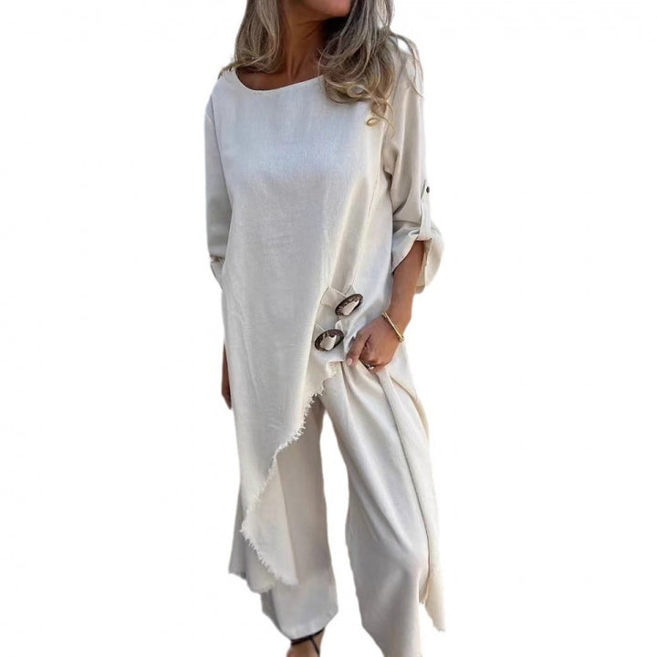 Casual maxi dress for women with a deep round neckline and practical button details Lune London