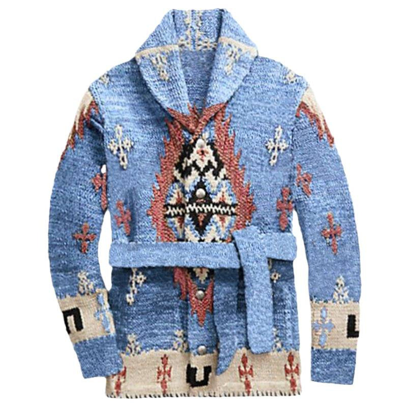 Comfortable knit coat for women with decorative pattern and practical belt Lune London