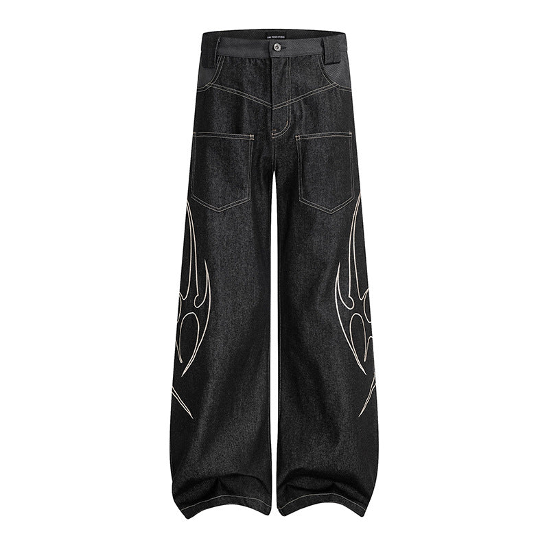Women's Loose High-Waist Denim Cargo Pants with Flame Embroidery and Patch Pockets Amarae