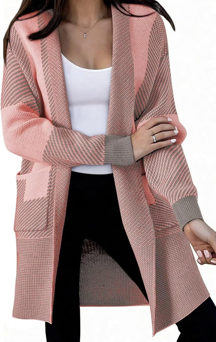 Ladies long knit cardigan with textured pattern and patch pockets Lune London
