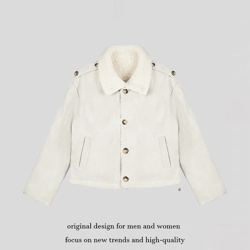 Women Short-Cut Lambskin-Look Bomber Jacket with Teddy Lining and Notched Collar Amarae