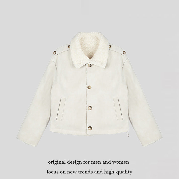 Women Short-Cut Lambskin-Look Bomber Jacket with Teddy Lining and Notched Collar Amarae