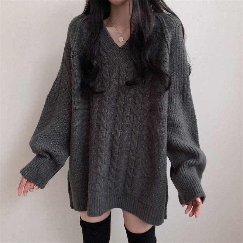 Pull en tricot pour femmes grand avec col en V et grand motif en câble Chic & Stil