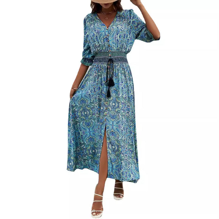 Maxi dress for women with removable belt at the waist and artistic pattern Lune London