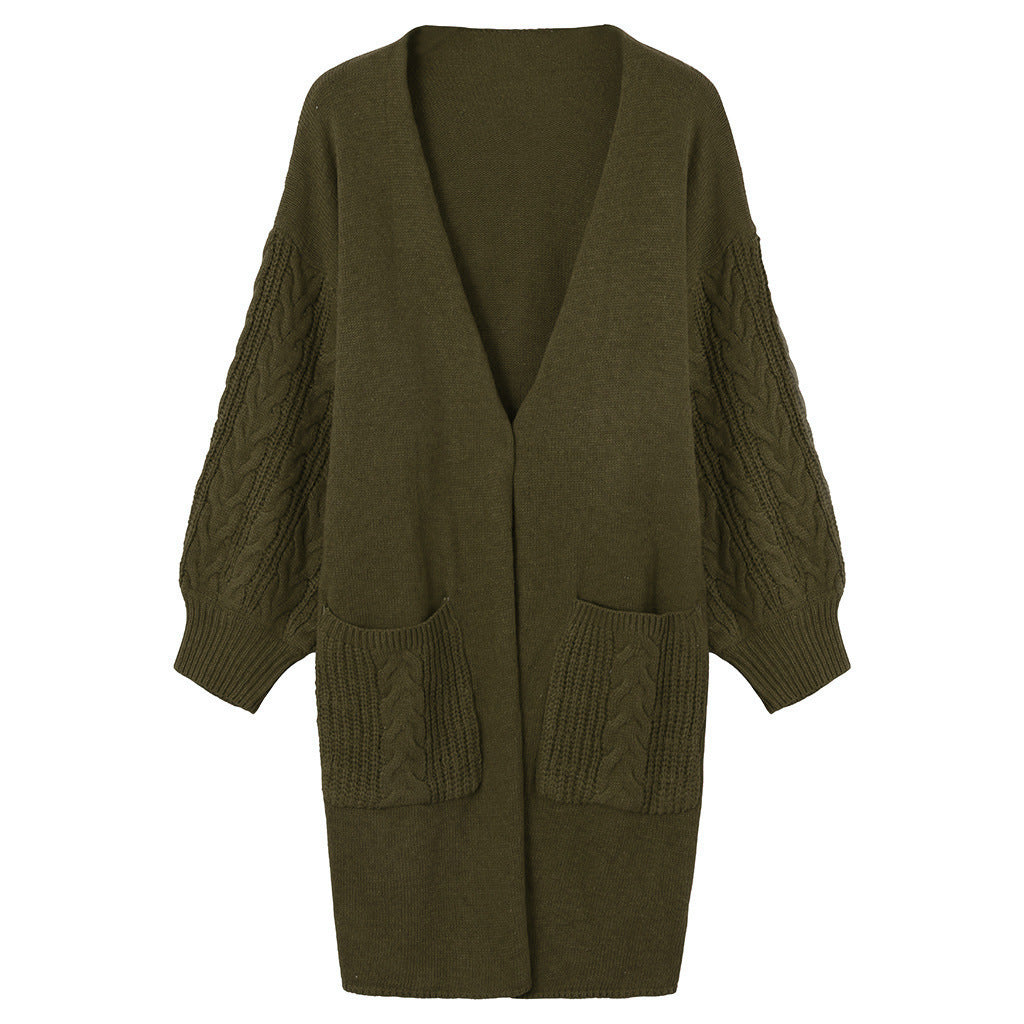 Knitted coat for women with deep V-neck and chunky knit details Lune London
