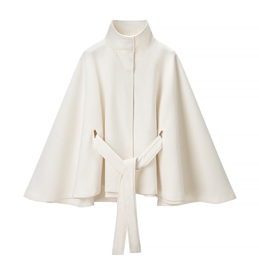 Women's short cape with stand-up collar, concealed button placket, and waist tie belt Amarae