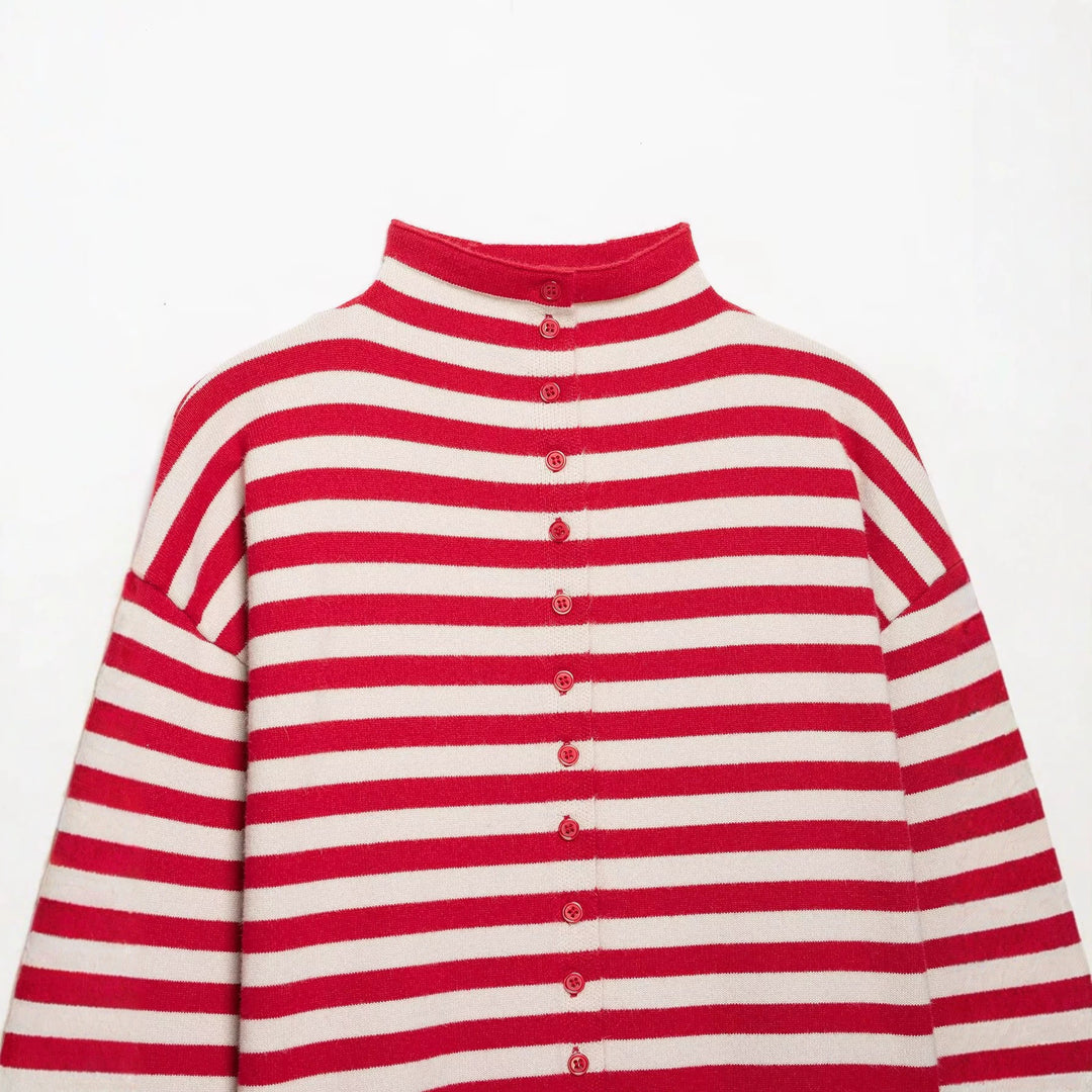 Women Striped Cropped Knitted Cardigan with Stand-up Collar Amarae