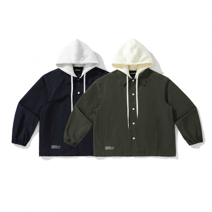 Unisex Two-Layer Overshirt Jacket with Attached Fleece Hood and Snap Button Placket Amarae