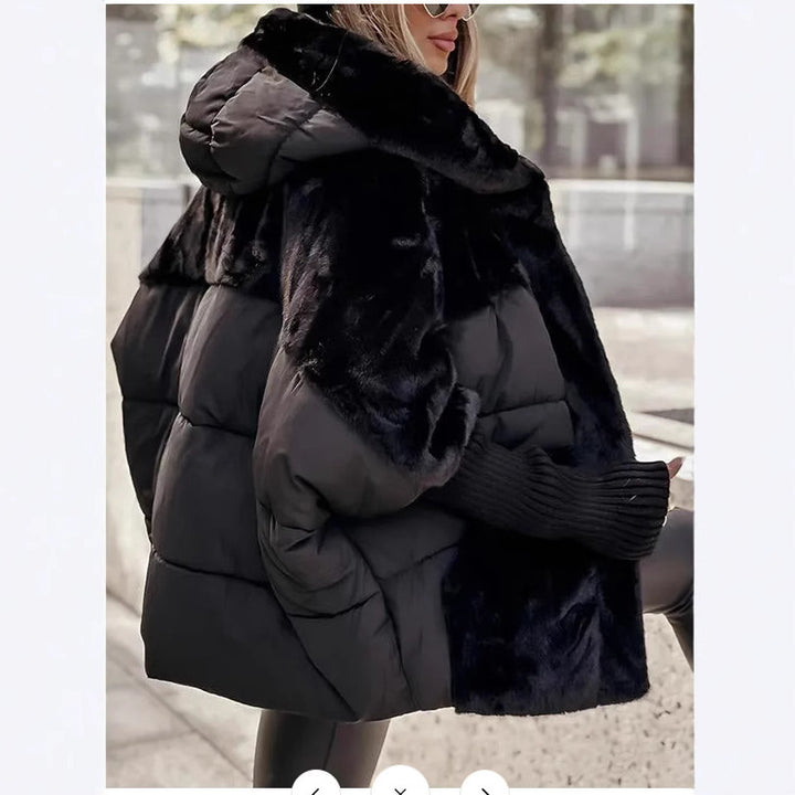 Ladies oversized hooded down jacket with faux fur trim Lune London
