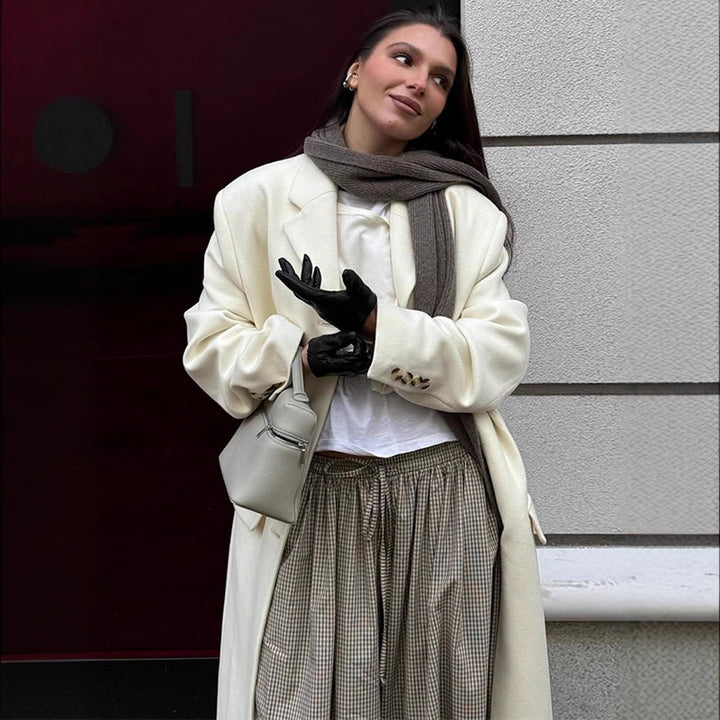 Women's Longline Wool Coat with Minimalist Button Placket, Structured Shoulder, and Classic Lapel Collar Amarae