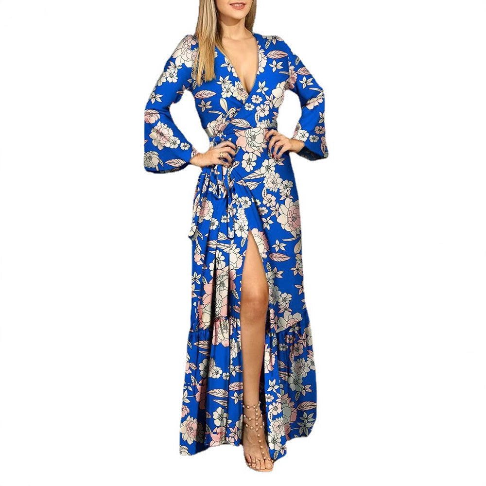 Floral print maxi wrap dress for women with long sleeves and side slit Lune London