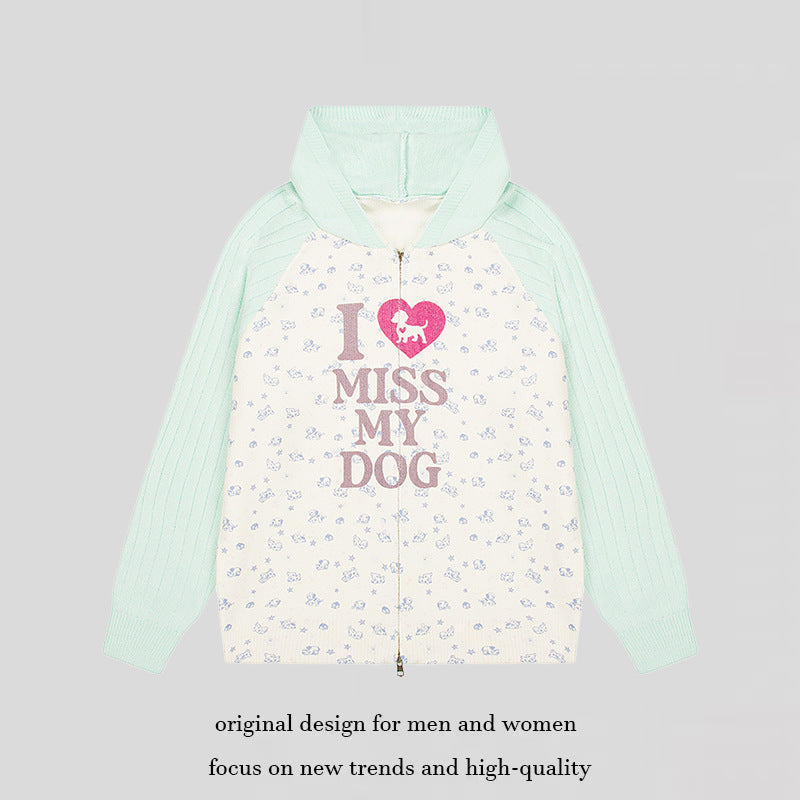 Women's hoodie cardigan with full zip, ribbed sleeves, and dog statement print Amarae