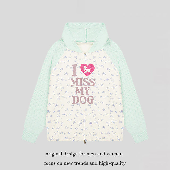 Women's hoodie cardigan with full zip, ribbed sleeves, and dog statement print Amarae