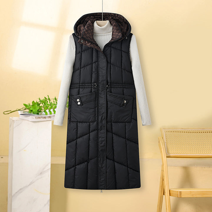 Ladies long quilted gilet with hood and practical drawstring Lune London
