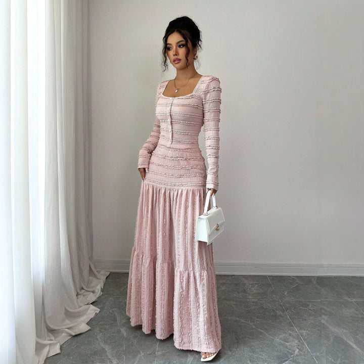 Women's Figure-Hugging Ruffle Maxi Dress with Square Neckline and Button Placket Amarae