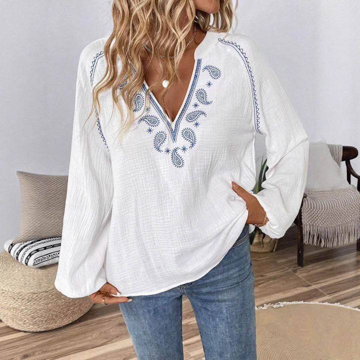 Women's Lightweight Cotton Tunic with Embroidery, V-Neck and Gathered Balloon Sleeves Amarae