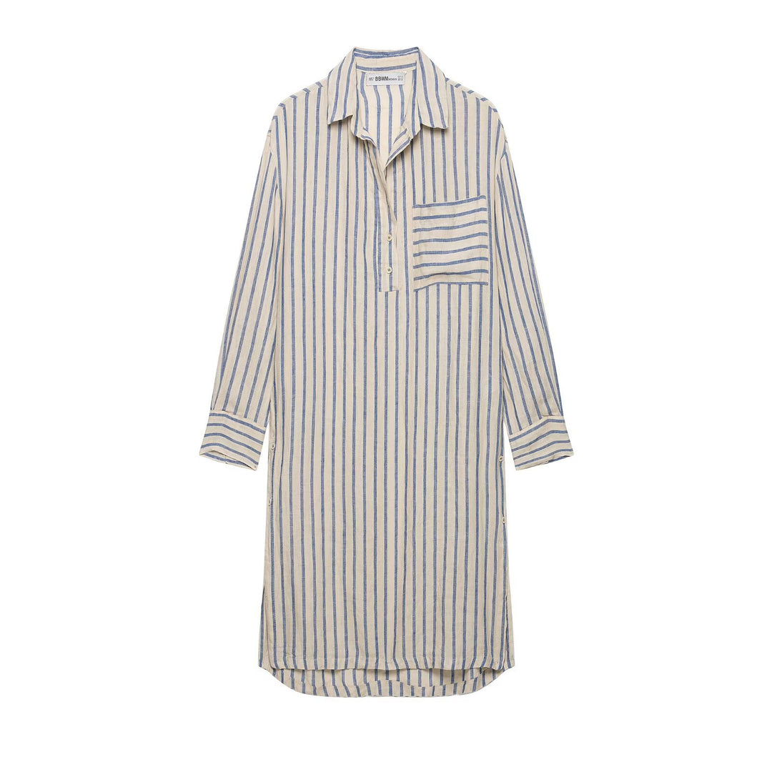 Women’s Long Shirt Dress in Linen Look with Striped Pattern and Side Slits Amarae