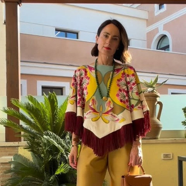Ladies Silk Print Poncho with Retro Floral Pattern and Long Fringes Amarae