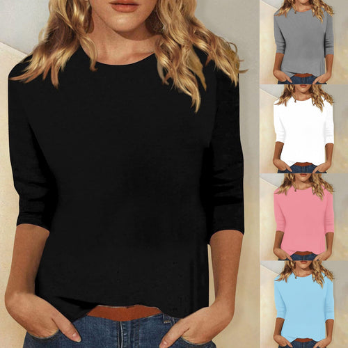 Amarae | Round Neck Three-Quarter Sleeve Solid Color Tee