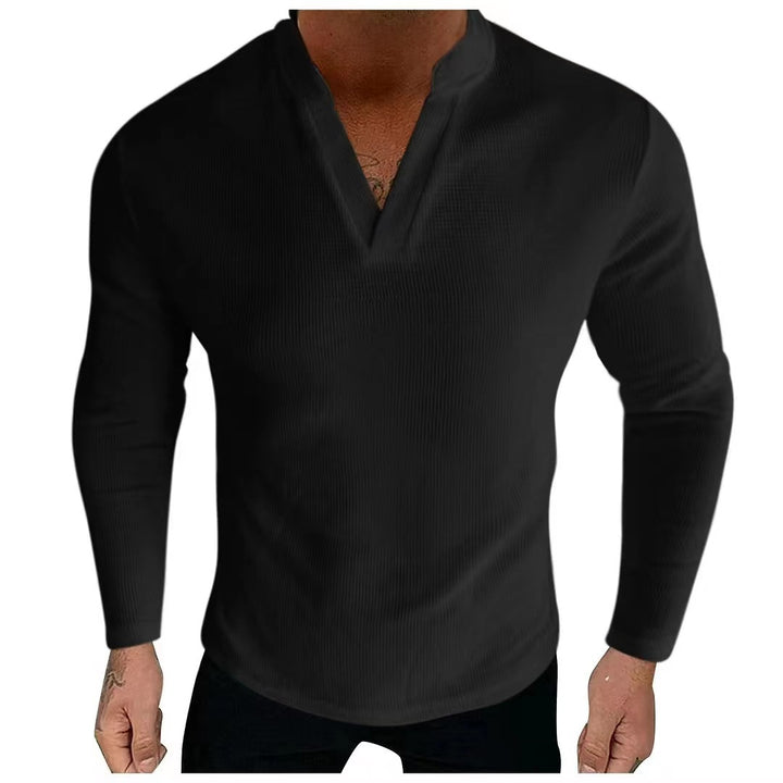 Men's Long Sleeve Henley Shirt in Textured Cotton Fabric with a Modern V-Neck Lune London