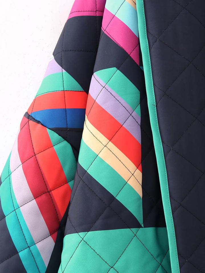 Ladies Quilted Kimono Jacket with Graphic Color Block Print and Open Front Amarae