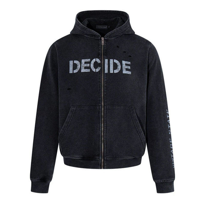 Men's hoodie zip jacket in vintage look with statement print and destroy details Amarae