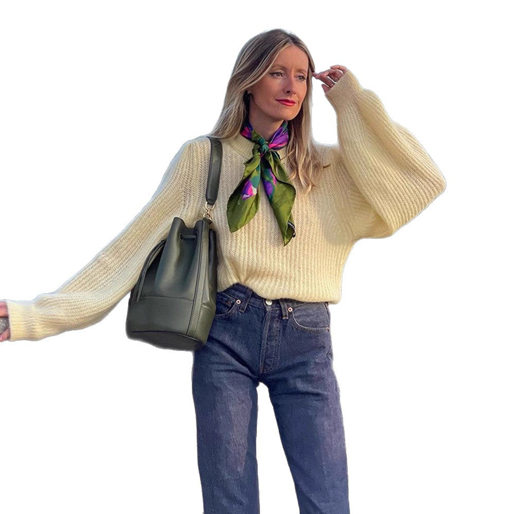 Women's Oversize Mohair Blend Sweater with Balloon Sleeves and Fine Rib Structure Amarae