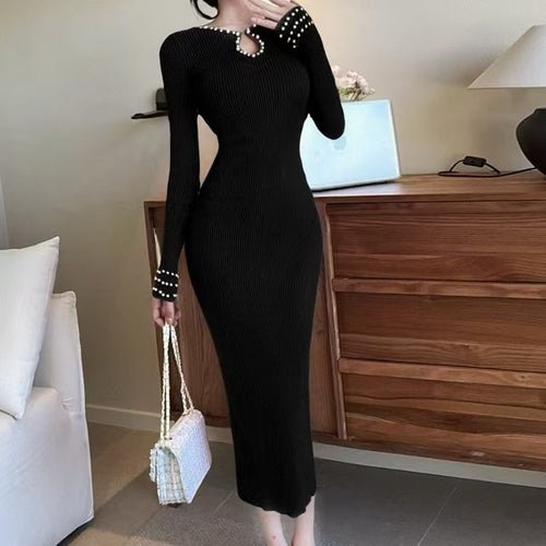 Maxi knit dress for women with keyhole detail and bead embellishments Amarae
