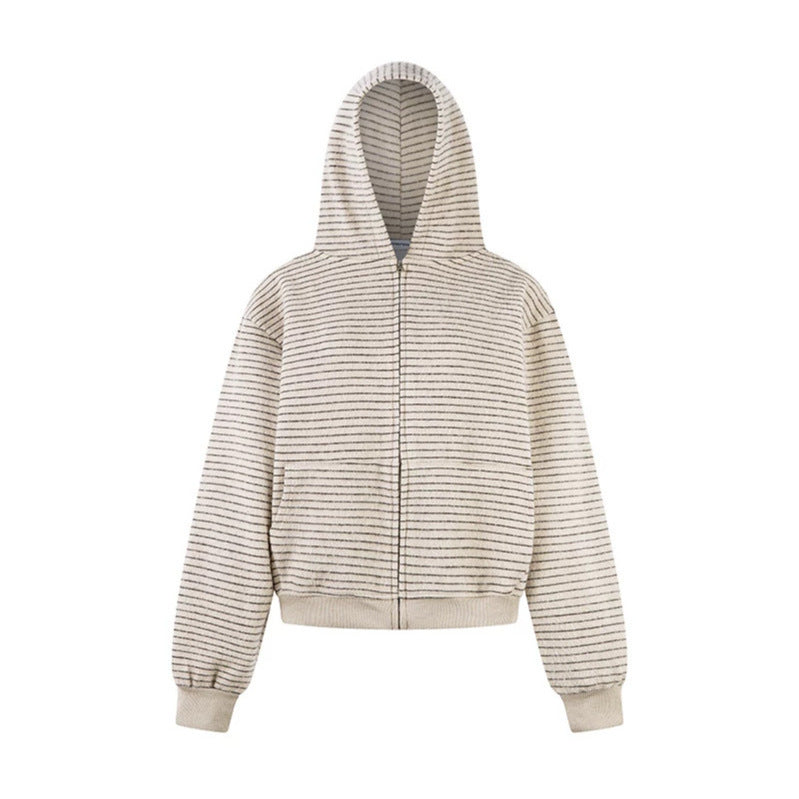 Women's short-cut hooded zip jacket with horizontal stripe relief and elastic waistband Amarae