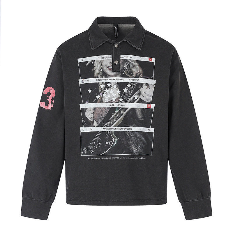 Men's Long Sleeve Polo Shirt with Vintage-Inspired Front Print, Shirt Collar and Button Placket Amarae