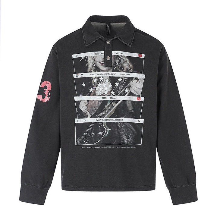 Men's Long Sleeve Polo Shirt with Vintage-Inspired Front Print, Shirt Collar and Button Placket Amarae