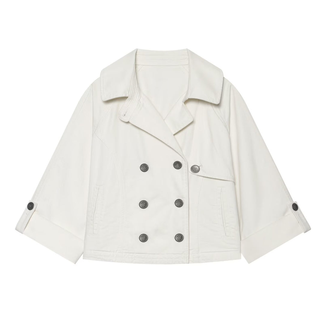 Women's Short Double-Breasted Cape Trench Coat with Dropped Shoulders and Adjustable Sleeve Straps Amarae