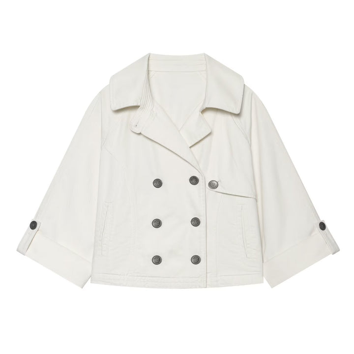 Women's Short Double-Breasted Cape Trench Coat with Dropped Shoulders and Adjustable Sleeve Straps Amarae