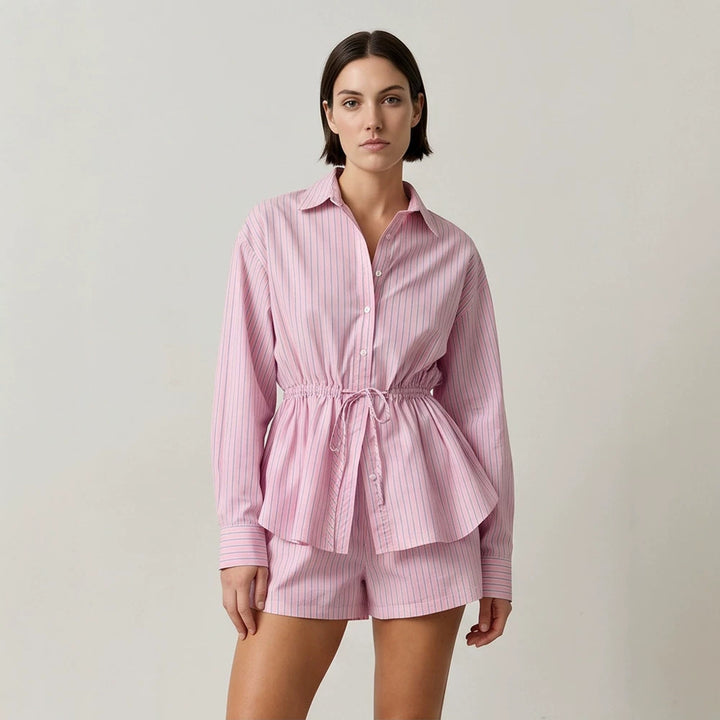 Women's Striped Loungewear Set made of Lightweight Cotton with Drawstring Waist & Shorts Amarae