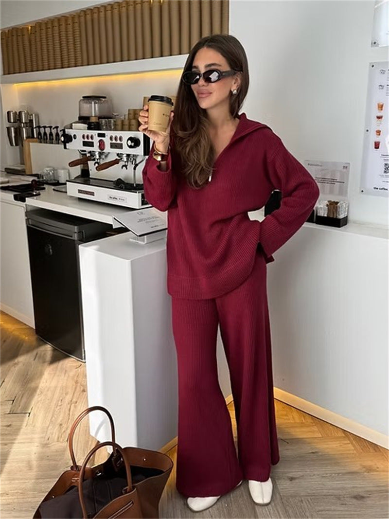Comfortable knitted loungewear set for women with hood and wide legs Lune London